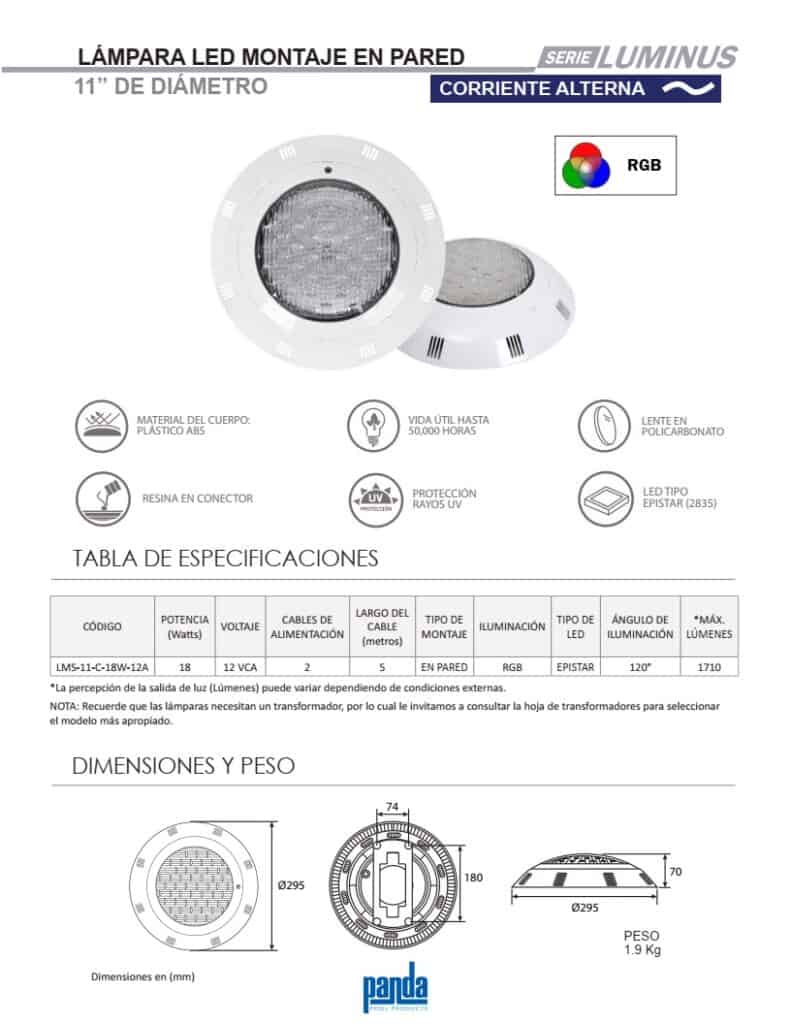 Especificaciones-lamparas-LED-Panda-serie-Luminus-de-11-pulg