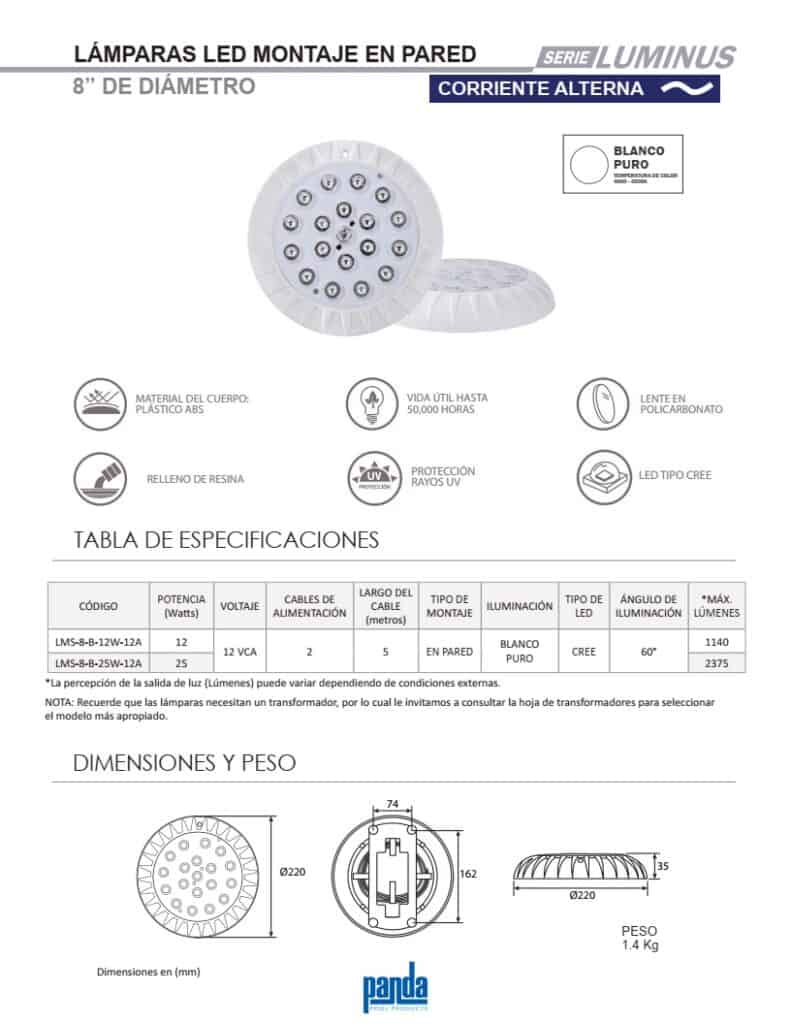 Especificaciones lámparas para alberca Panda serie Luminus de 8"