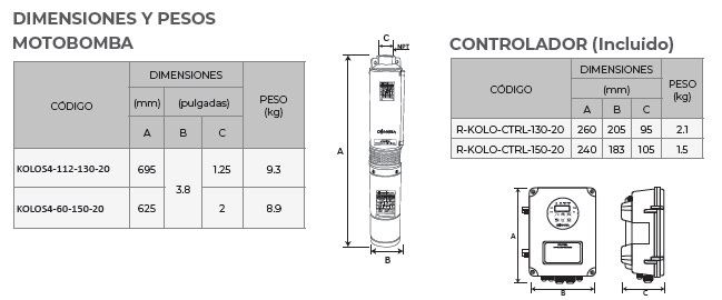 Dimensiones y peso de bombas soalres Connera KOLOS4 Dimensiones y peso de bombas soalres Connera KOLOS4
