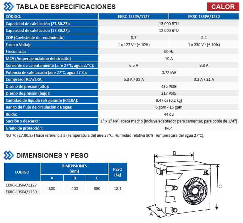 Especificaciones Bomba de Calor Para Alberca 13000 BTU
