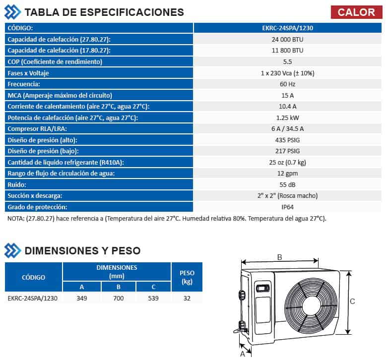 Especificaciones Bomba de Calor Para Alberca 24000 BTU