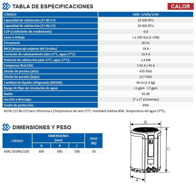 Especificaciones Bomba de Calor Para Alberca 32000 BTU