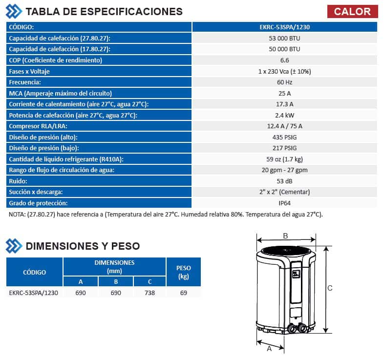 Especificaciones Bomba de Calor Para Alberca 53000 BTU